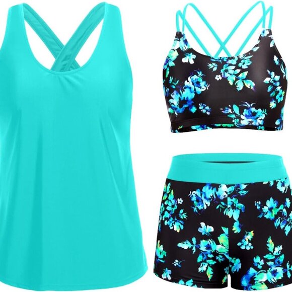 Brand New 3 Piece Tankini Swimsuit for Women in Aqua And Blue, Size Medium - Picture 1 of 6